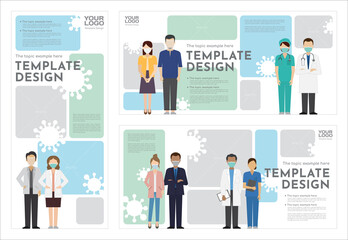 Group of Business people and medical staff using face masks template design. Vector illustration of flat design characters. Layout ornament concept for business presentation, advertising material.
