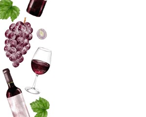 赤ワインと葡萄　柄　水彩風イラスト