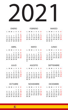 Calendar 2021 - illustration. Spanish version.Week starts on Monday