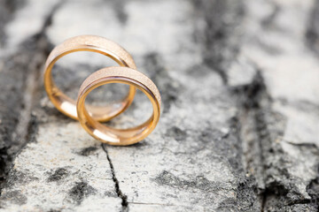 Obraz na płótnie Canvas Wedding background - Beautiful wedding rings on wooden surface background