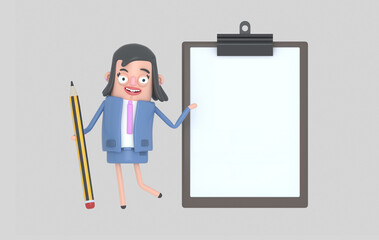 Business woman with a giant pencil next to a White clipboard.Isolated. 3d illustration.