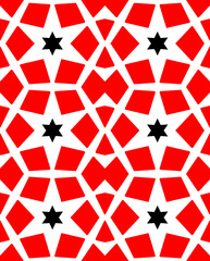 Abstract black stars and red squares geometric seamless repeat pattern. 