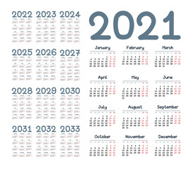 Simple calendar 2021 - 2033 on white background. Vector illustration