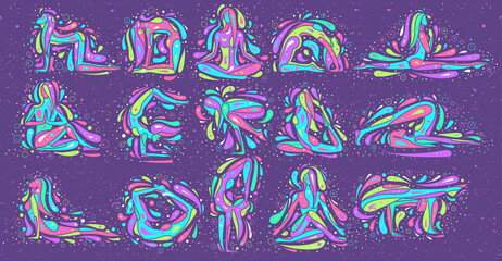 Yoga asanas, bright colors of paint