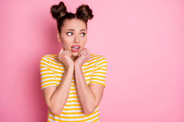 Close-up portrait of her she nice-looking attractive lovely pretty scared worried girl feeling fear expecting bad news phobia isolated over pink pastel color background