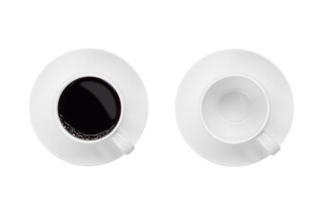 Cup of coffee and blank cup isolated on white background. Object with clipping path. top view