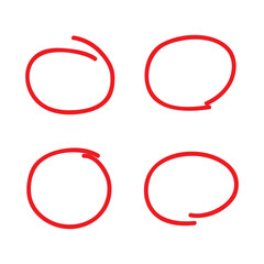Red circle pen draw set. Highlight hand drawn circle isolated on white background. Handwritten red circle. For marker pen, pencil, logo and text check. Vector illustration