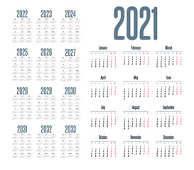 Simple calendar 2021 - 2033 on white background. Vector illustration