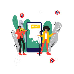 Modern flat cartoon style. Music band plays music