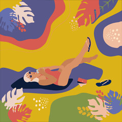 Young blonde woman lying on the tropical beach shore in swimsuit.She dangles legs,sunbathes and drinks a cocktail.Hand drawn vector trendy illustration with abstract jungle background.Pastel colors