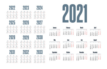 Simple calendar 2021 - 2033 on white background. Vector illustration