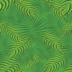 Naklejka na ściany i meble Exotic tropic pattern. Tropical floral fabric fashion background. Palm leaf textile color vintage summer . Natural leaves tropical . Seamless vector design for wallpaper, swimwear print decoration.