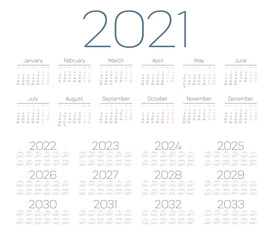 Simple calendar 2021 - 2033 on white background. Vector illustration