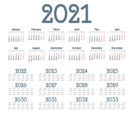Fototapeta na wymiar Simple calendar 2021 - 2033 on white background. Vector illustration