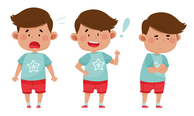Dark Haired Boy Wearing Red Shorts Showing Different Emotions Vector Illustration