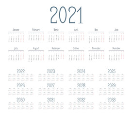 Simple calendar 2021 - 2033 on white background. Vector illustration