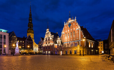 The Black Head Houses at night in Riga