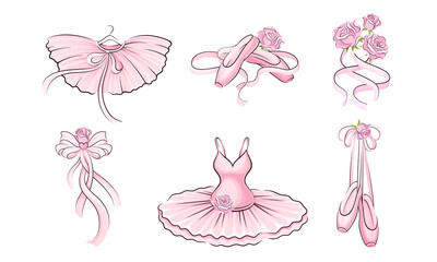 Ballet Accessories with Tutu Skirt and Pair of Pointe-shoes Vector Set © Happypictures