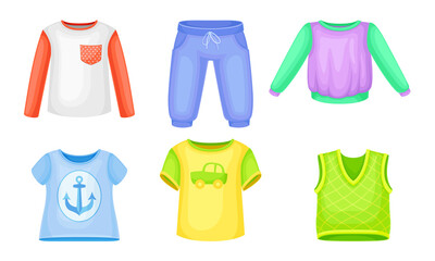 Clothes for Boys with Vest and Sweatshirt Vector Set
