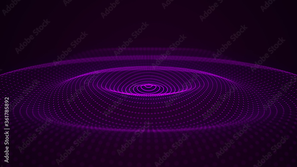 Poster Music and sound splash with ripples. Flowing purple round wave with dots. 3d rendering.