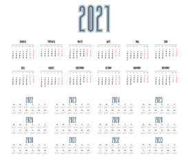 Simple calendar 2021 - 2033 on white background. Vector illustration
