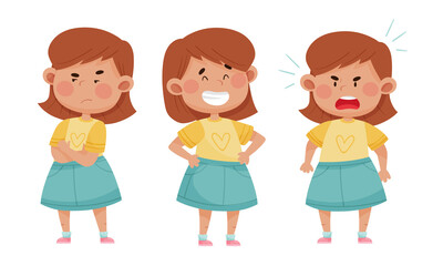 Emoji Girl with Different Face Expressions Like Angry and Cheerful Face Vector Set