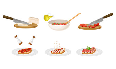 Bruschetta Preparation with Ingredients and Cooking Process Steps Vector Set