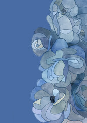 Arrangement of several illustrated blue roses on a blue background with copy space for templates, backgrounds or banner.