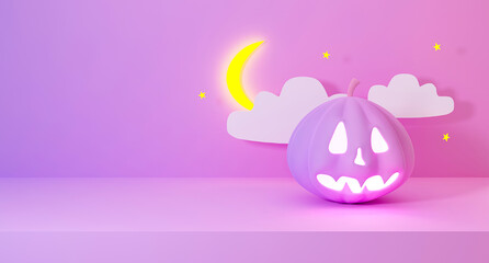 3d render of Halloween pumpkin with moon stars clouds