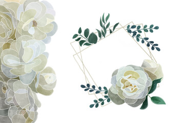 Illustrated composition of blooming white roses isolated on white background for wedding or greeting card decoration and design compositions.