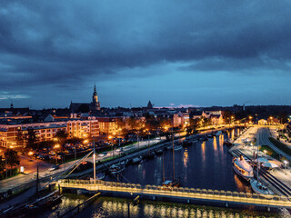 Fototapeta na wymiar Greifswald und Museumshafen von oben - Luftbild bei Sonnenuntergang 