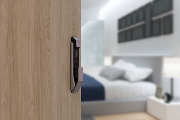 Hotel room opened with digital door access control, Condominium or apartment doorway with open door...