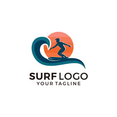 Vintage Surfing logo template. Surf Badge. Summer fun. Surfboard elements. Outdoors activity - boarding on waves.