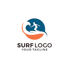 Vintage Surfing logo template. Surf Badge. Summer fun. Surfboard elements. Outdoors activity - boarding on waves.