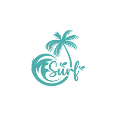 Fototapeta na wymiar Vintage Surfing logo template. Surf Badge. Summer fun. Surfboard elements. Outdoors activity - boarding on waves.