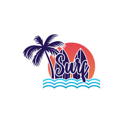 Vintage Surfing logo template. Surf Badge. Summer fun. Surfboard elements. Outdoors activity - boarding on waves.