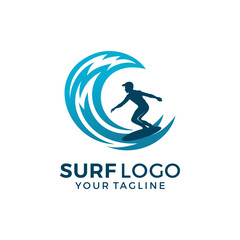 Vintage Surfing logo template. Surf Badge. Summer fun. Surfboard elements. Outdoors activity - boarding on waves.