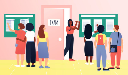 Students waiting exam. Examination test. Lifestyle education student. Youth lifestyle. Teenagers with different skin colors. Flat vector cartoon illustration.
