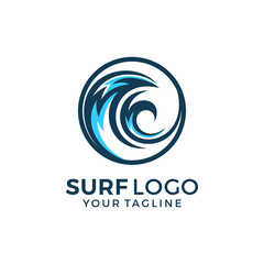 Vintage Surfing logo template. Surf Badge. Summer fun. Surfboard elements. Outdoors activity - boarding on waves.