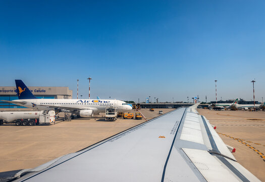 Valerio Catullo Airport in Verona Villafranca Italy - Aircrafts on runway
