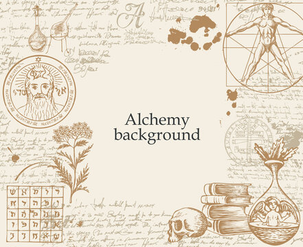 Alchemy background. Vintage artistic illustration on alchemical theme with hand-drawn sketches, handwritten scribbles and notes, ink blots and place for text