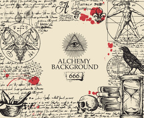 Alchemy background in vintage style. Artistic illustration on alchemical theme with black hand-drawn sketches, handwritten scribbles and notes, red blots and place for text on the old paper background
