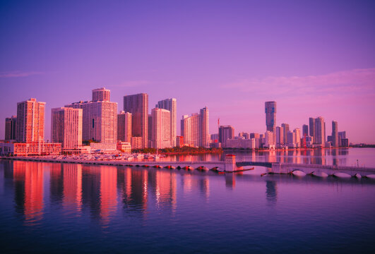 Miami City Florida  Skyline At Sunrise Bridge Buildings Downtown Travel Sunset Beautiful Place 