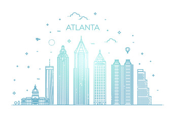 Fototapeta premium Atlanta architecture line skyline illustration. Linear vector cityscape with famous landmarks