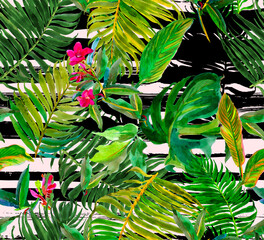 Seamless Pattern Watercolor Hand  Painted Artwork with Tropical Exotic Leaves and Flowers, Floral Jungle Print Many Palm  and Monstera Leaves with Red Flowers on Black Stripes