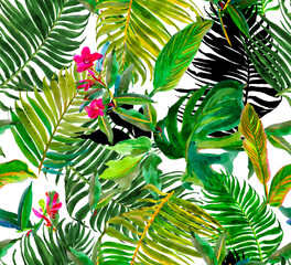 Seamless Pattern Watercolor Hand  Painted Artwork with Tropical Exotic Leaves and Flowers, Floral Jungle Print Many Palm  and Monstera Leaves with Red Flowers 