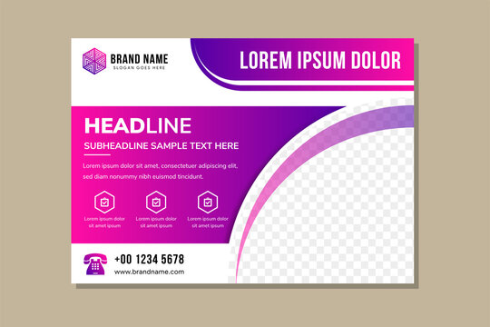 Creative & corporate business brochure flyer design a4 template. Horizontal flyer with quarter circle shape space for photo. The combination white background with gradient of pink purple colors.