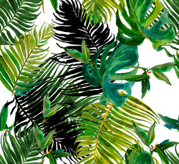 Seamless Pattern Hand Painted Watercolor Artwork Illustration Palm Leaves and Monstera Tropical Jungle Isolated