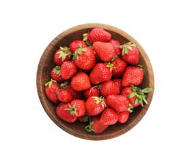 Ripe strawberries in bowl isolated on white, top view