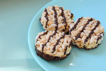   Puffed rice cakes with chocolate , Rice waffle. copy space